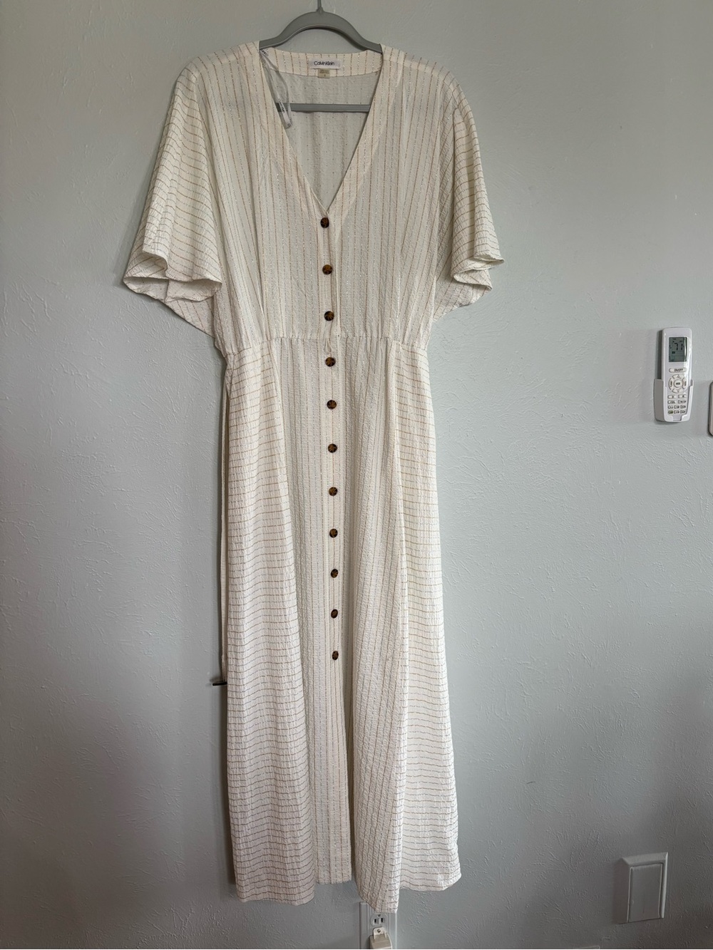 Calvin Klein White Button-Front Midi Dress with V-Neck